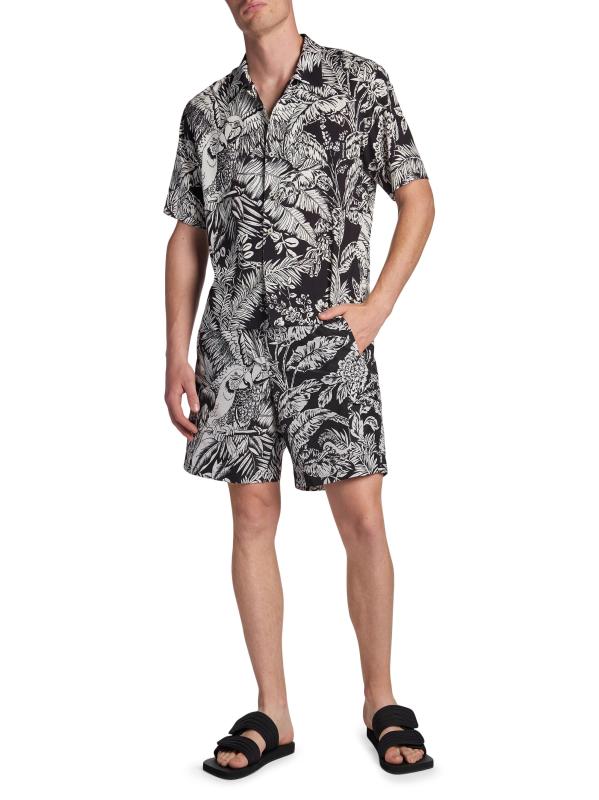 #6: قميص بولينج جنغل ببغاوات - أسود + أبيض