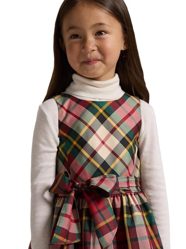 #5: فستان التفتا المنقوش بلا أكمام للفتيات الصغيرات والفتيات - كريم أحمر متعدد