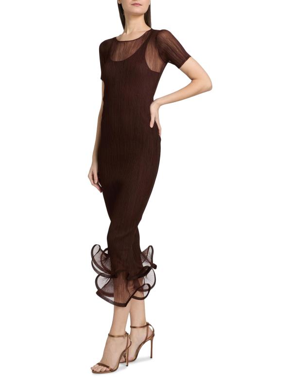 #3: فستان سيلينا متوسط الطول من الشيفون بطيات - الماهوجني