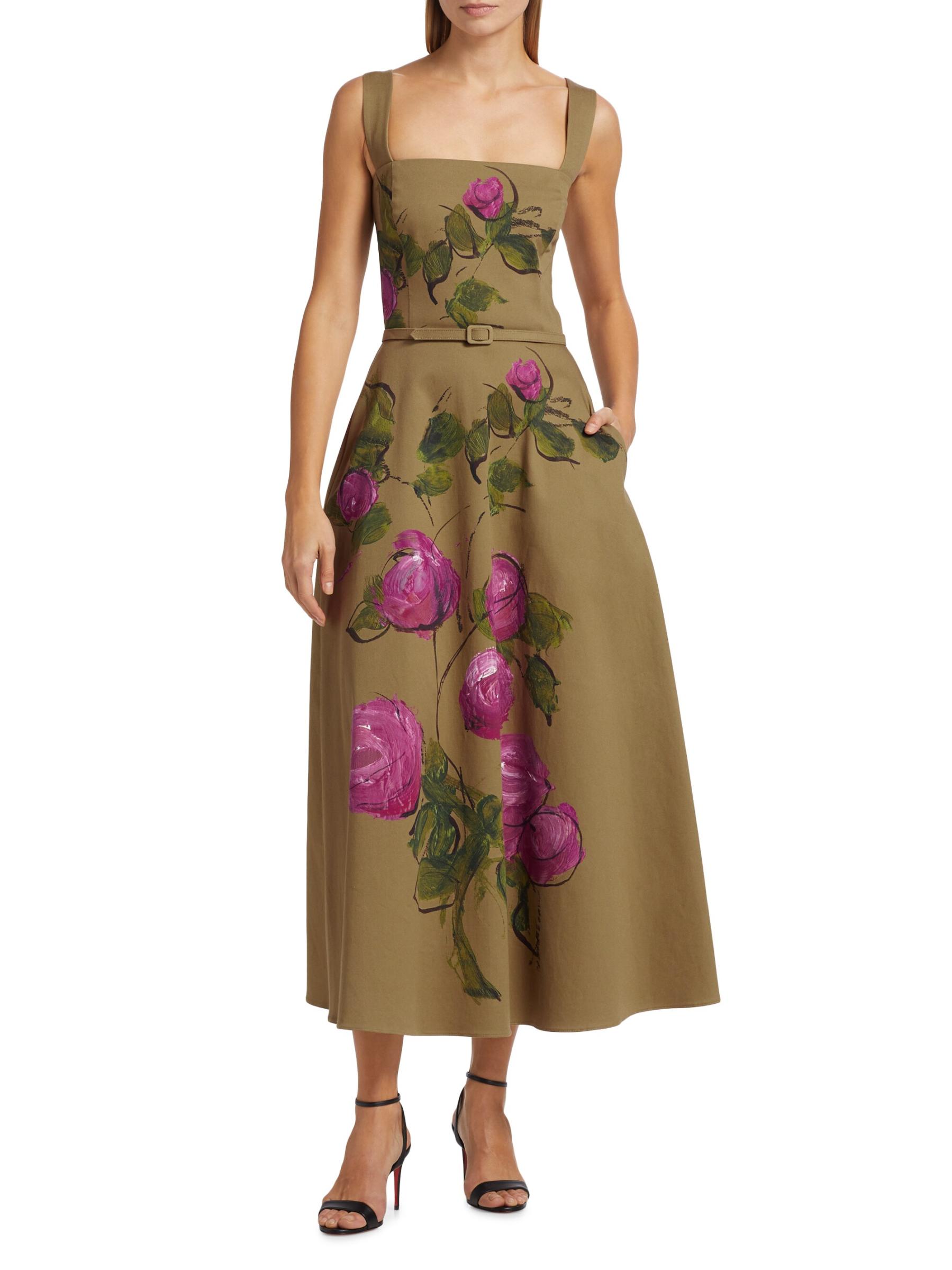 【Oscar de la Renta】コットンツイル ミディドレス 花 Oscar de la Renta】コットンツイル ミディドレス 花