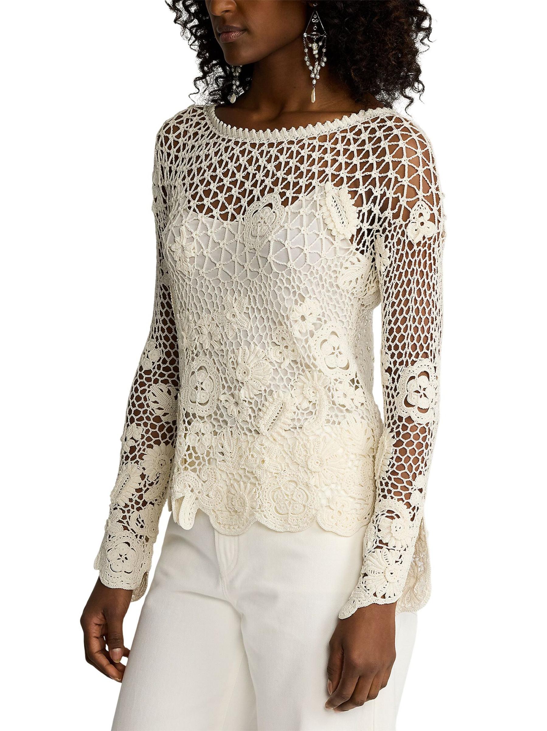 売れ筋商品|||ラッキーブランド カットソー トップス レディース Women's Cotton Crochet-Trim V-Neck Top Taupe Floral Buy Pink Crochet Stitch V-Neck Short Sleeve 100% Cotton Top