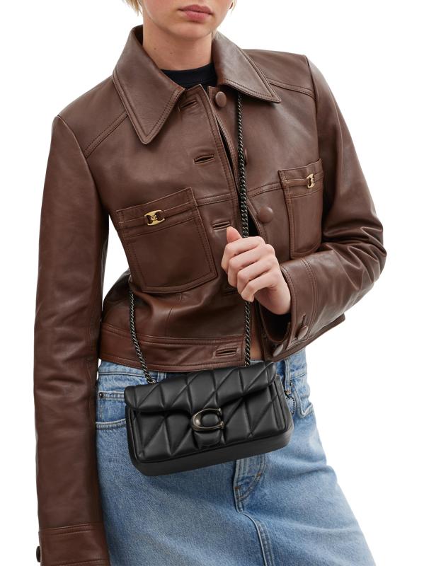 #2: حقيبة الكتف الجلدية المبطنة Tabby - أسود + ذهبي