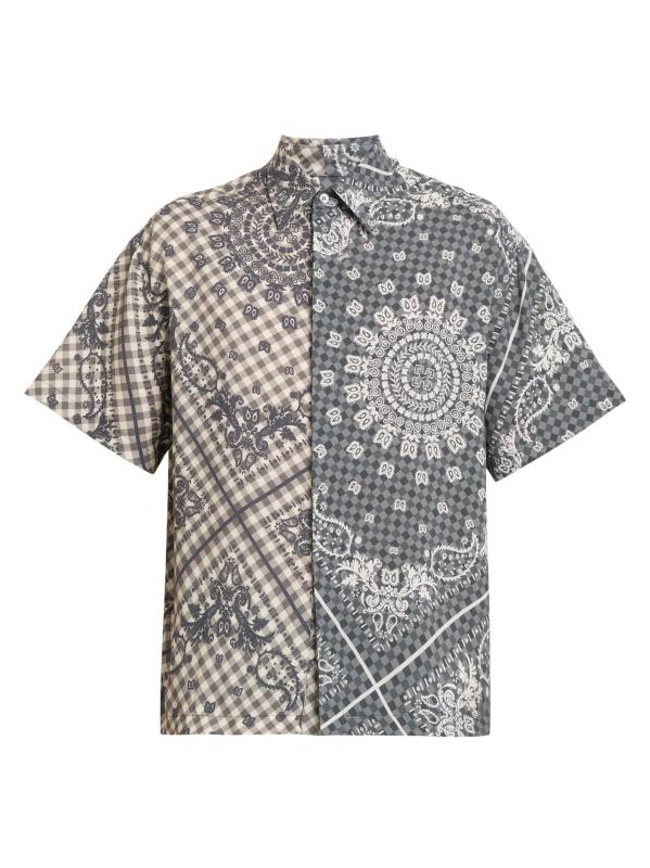 Split Gingham Bandana Short-Sleeve Shirt