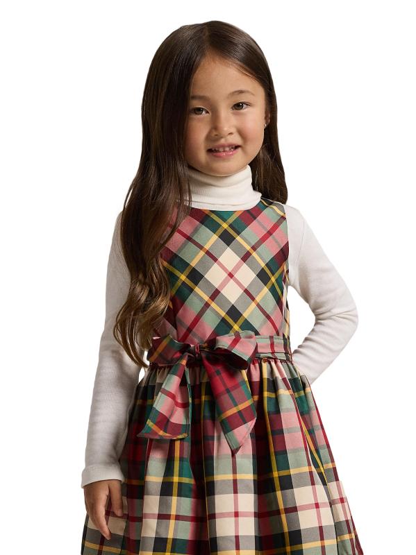 #4: فستان التفتا المنقوش بلا أكمام للفتيات الصغيرات والفتيات - كريم أحمر متعدد