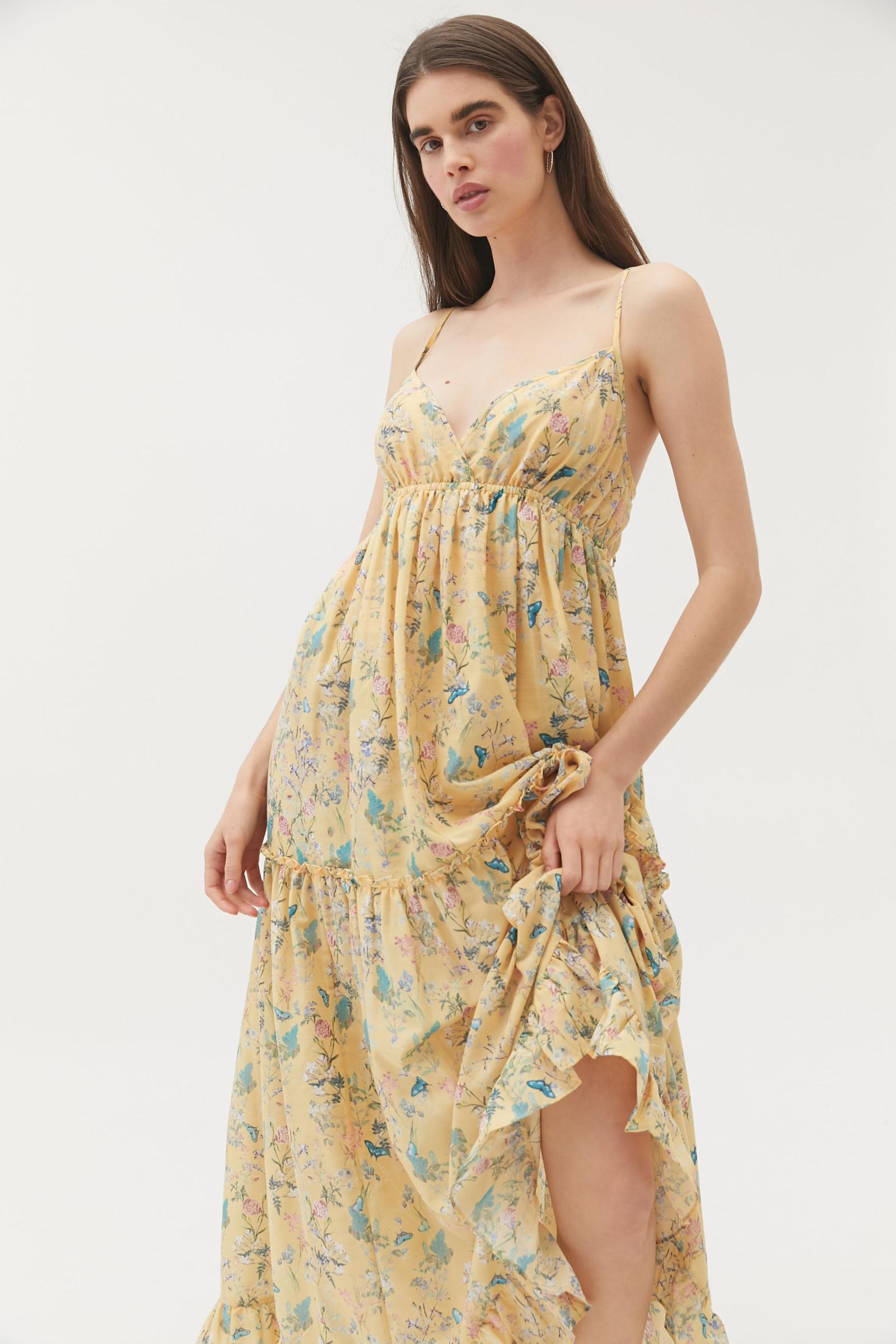 uo millstone 花卉层次褶边超长连身裙