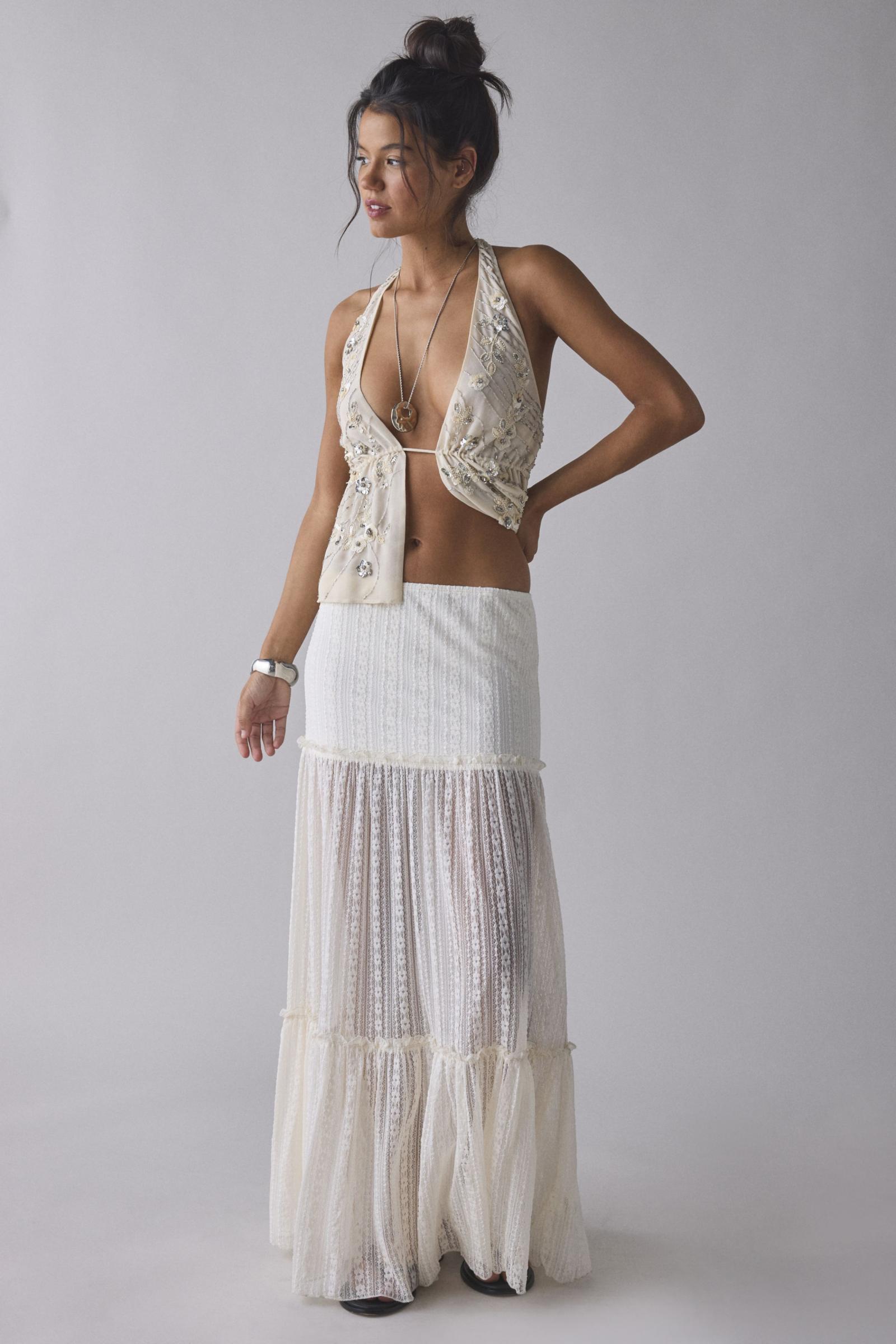 Kimchi Blue Gianna Yoked Semi-Sheer Lace Pleated Maxi Skirt