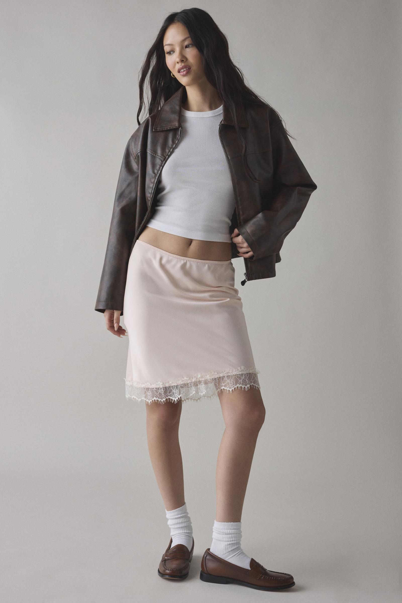 Kimchi Blue Addy Lace Trim Satin Slip Midi Skirt | Urban